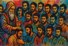 Genesis 49: Jakobs profetische zegen over zijn twaalf zonen Streetart-muurschildering van Jakob die zijn twaalf zonen toespreekt en zegent, op kleurrijke graffiti-achtergrond vol symboliek.