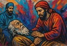 Genesis 50: Jozef begraaft Jakob en spreekt vergeving uit Streetart-muurschildering van Jozef die zijn overleden vader Jakob omarmt bij de begrafenis, als symbool van rouw en vergeving.