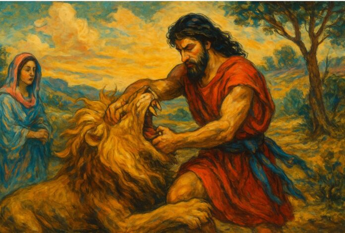 Richteren 14 Samson ontmoet een leeuw, vindt honing en stelt een raadsel tijdens zijn Filistijnse bruiloft volgens Gods leiding