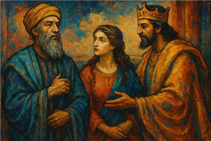 Romantische bijbelse schildering van Mordechai, Esther en koning Ahasveros in het Perzische paleis, in warme streetart-stijl.