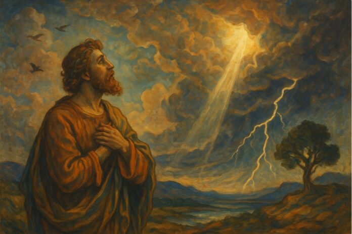 Bijbelse scène in zachte kleuren met wolken en licht dat Gods majesteit uitbeeldt in natuurkrachten, zonder tekst in beeld.