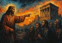 Lucas 21: Jezus over de eindtijd en tempel Jezus spreekt tot zijn discipelen over de eindtijd, met de tempel op de achtergrond bij een vurige zonsondergang.