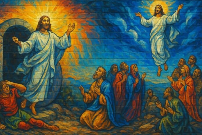 Straatkunstmuur toont Jezus' opstanding en hemelvaart in levendige kleuren, met verbaasde volgelingen en stralend licht.