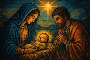 Streetart-afbeelding van de geboorte van Jezus met Maria en Jozef, uitgevoerd in romantische bijbelse stijl, zonder tekst.