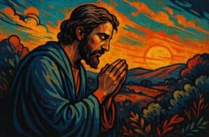 Man zit in stilte en bidt tot God in de natuur bij zonsopgang, vrede in hart en geest. (Jesaja 55)