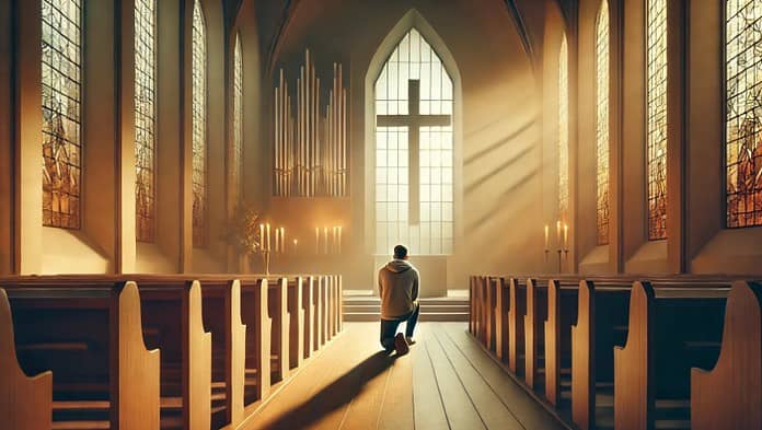 Interieur van een moderne kerk, zacht verlicht door ochtendzon met een figuur die in gebed knielt bij een eenvoudig altaar.