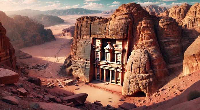 Panoramisch uitzicht op Petra, met de iconische Schatkamer uitgehouwen in rotsen, omringd door zandstenen kliffen en woestijnlandschap.