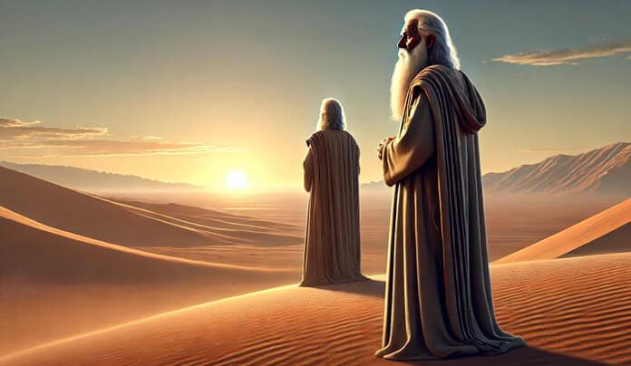 Een oude man met lange baard, gekleed in gewaden, staat in een woestijnlandschap bij zonsopgang, symbool van wijsheid en geduld.