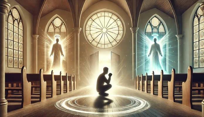 Een biddende persoon in een serene kerk, omgeven door lichte en donkere aura's die goed en kwaad symboliseren, met lichtstralen door ramen.