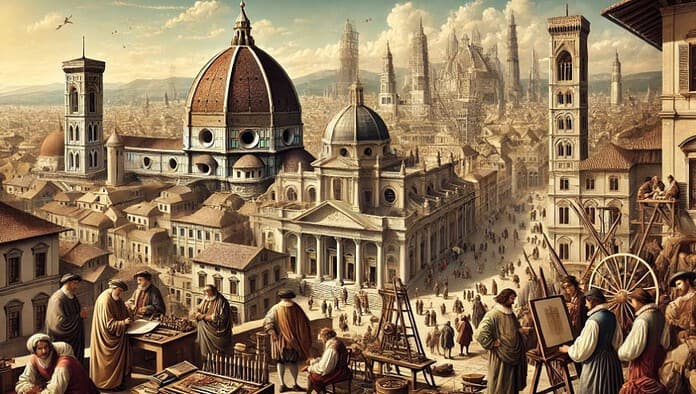 Een levendige Italiaanse stad in de 15e eeuw, met renaissancegebouwen, kunstenaars en wetenschappers die aan meesterwerken werken.