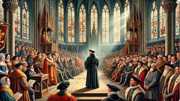 Martin Luther staat voor de Rijksdag van Worms in 1521, omringd door keizer Karel V, edelen en geestelijken in een gotische zaal.