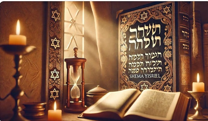 Afbeelding van de essentie van het Shema-gebed met de Thora, tefillin, mezuzah en de Hebreeuwse tekst 'Shema Yisrael.