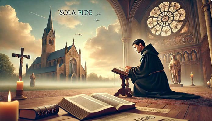 Maarten Luther bestudeert de Bijbel in een middeleeuwse kerk, omringd door symbolen van 'sola fide' en de Protestantse Reformatie.