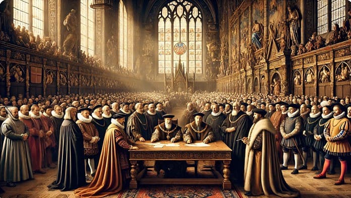 Historische ondertekening van de Vrede van Augsburg in 1555, waarbij katholieke en protestantse leiders samenkomen in een middeleeuwse zaal.