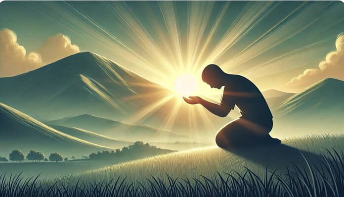 Een persoon knielt in gebed bij zonsondergang, symbolisch zijn zorgen overgevend aan God, verlicht door hoopvolle zonnestralen.
