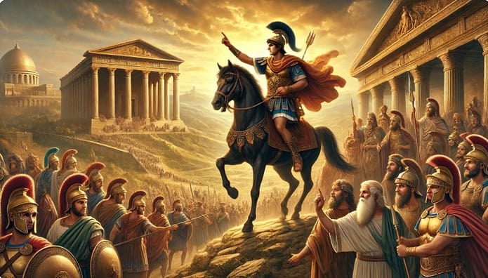 Alexander de Grote te paard met zijn leger, bijbelse tempels en profeten op de achtergrond onder een gouden zonsondergang.