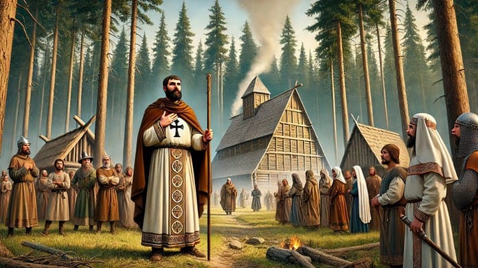 Bonifatius preekt voor een groep middeleeuwse Germanen in een bos, met een kerk in aanbouw en eenvoudige huizen op de achtergrond.