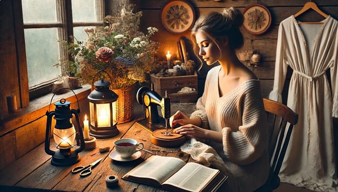 Afbeelding van een deugdzame vrouw in huiselijke setting, zorgzaam werkend, met een serene en warme uitstraling.