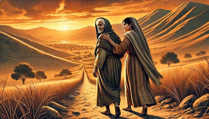 Naomi en Ruth wandelen naar Bethlehem in een Bijbelse scène bij zonsondergang, symbool van geloof en hoop in een warm landschap.
