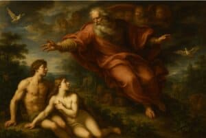 Barokke schildering van God die Adam en Eva schept, omringd door engelen, dieren en een weelderig paradijselandschap.