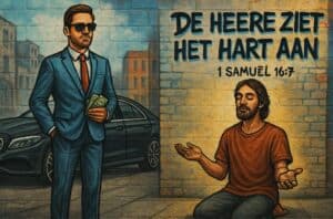 Street art met rijke man, nederige zwerver en Bijbeltekst “De HEERE ziet het hart aan” op een bakstenen muur.