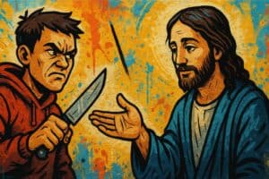 Streetart-muurschildering van Jezus die een hand uitsteekt naar een woedende man met mes, symbool voor vergeving versus wraak.