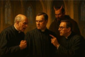 Drie dominees ruziën in een gotische kerk, terwijl een duistere figuur van Satan dreigend achter hen verschijnt.