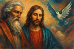 Afbeelding van God de Vader, Jezus Christus en de Heilige Geest als duif in bijbelse streetart- en romantiekstijl.