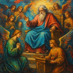 Streetart-muurschildering met God als Rechter, Jezus als Voorspraak, engelen en satan in een hemelse rechtbankscène.