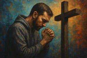 Realistische streetart van biddende man bij houten kruis, in warme en koele kleuren, symbool voor geloof en hoop.