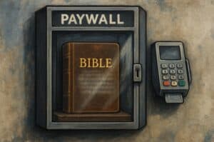 Realistische schildering van een Bijbel achter glas in een vitrinekast met een pinapparaat ernaast, symbool voor betaalmuur.