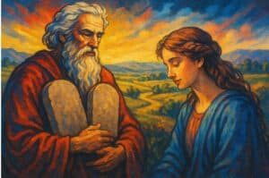 Streetart-muurschildering in romantische Bijbelse stijl met Mozes en een vrouw, warme kleuren en schilderachtige heuvelachtergrond.