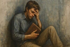 Man zit tegen verweerde muur, verdiept in een open Bijbel, met een peinzende houding en realistische streetartstijl zonder tekst.