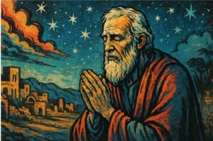 Streetart-romantische bijbelse afbeelding van Abraham die bidt voor Sodom, symbool voor voorbede, geloof en hoop in God.