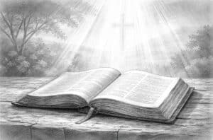 Bijbel geopend met lichtval, symbool voor geloof in Jezus en het onderscheid tussen schepping en kinderen van God
