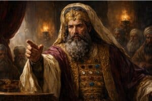 Olieverfschilderij van Kajafas, hogepriester in Jeruzalem, tijdens het verhoor van Jezus in een donker, historisch interieur