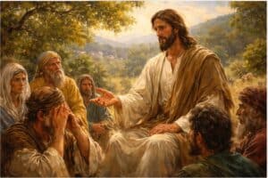 Jezus onderwijst mensen in de open lucht over nederigheid en niet oordelen, geschilderd als klassiek olieverfschilderij.
