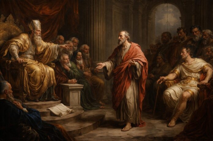Barok schilderij van Paulus voor hogepriester Ananias en Romeinse bestuurder in een rechtszaal met zuilen en dramatisch licht