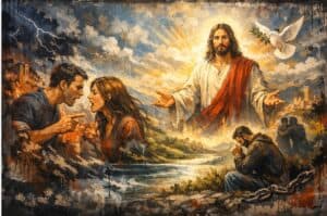 Streetart-achtige bijbelse afbeelding met Jezus als vredestichter tussen ruzie, boosheid en verzoening in een symbolisch landschap.