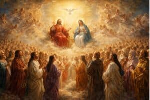 Christelijke afbeelding die Allerheiligen verbeeldt met gelovigen in witte gewaden als symbool van heiliging en trouw aan God