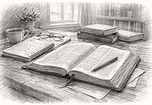 Bijbelexegese stap-voor-stap: tekst tot toepassing Open Bijbel op tafel met notities en pen, passend bij zorgvuldig lezen van bijbelteksten binnen hun historische context.