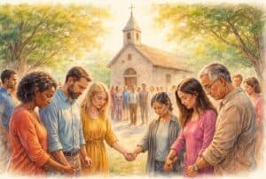 Christenen uit verschillende culturen samen in gebed als één kerk, verbonden door geloof in Jezus Christus en Zijn evangelie.