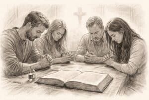 Christenen bidden samen voor genezing, met Bijbel en gevouwen handen, als teken van geloof, hoop en vertrouwen in Jezus.