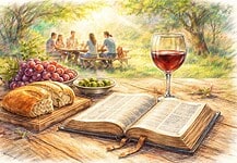 Genieten van het leven volgens de Bijbel vandaag Open Bijbel op tafel met brood en wijn, symbool voor dankbaarheid, vreugde, gemeenschap en genieten van het leven binnen geloof.