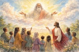 Jezus die bidt tot God als Vader, verbeelding van vertrouwen, zorg en relatie binnen het christelijk geloof