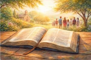 Bijbel open op tafel met zacht licht, symbool voor Gods volk, geloof, verbond en verbondenheid door Jezus Christus