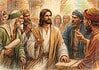 Hoe Jezus omgaat met kritiek Jezus spreekt met religieuze leiders terwijl omstanders luisteren, verbeelding van gesprekken waarin kritiek, vragen en reactie centraal staan.