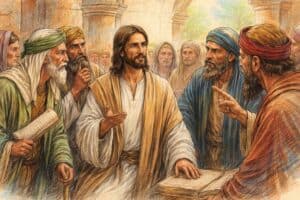 Jezus spreekt met religieuze leiders terwijl omstanders luisteren, verbeelding van gesprekken waarin kritiek, vragen en reactie centraal staan.