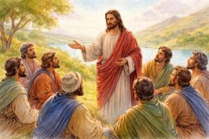 Jezus spreekt met zijn leerlingen na zijn opstanding en geeft hun een opdracht om discipelen te maken en zijn boodschap te delen.