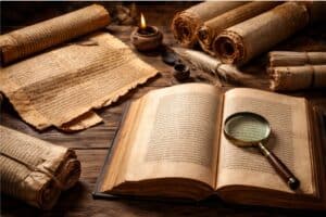 Oude bijbelmanuscripten op perkament en papyrus, waaronder Dode Zeerollen en codices, gebruikt voor tekstkritisch onderzoek.